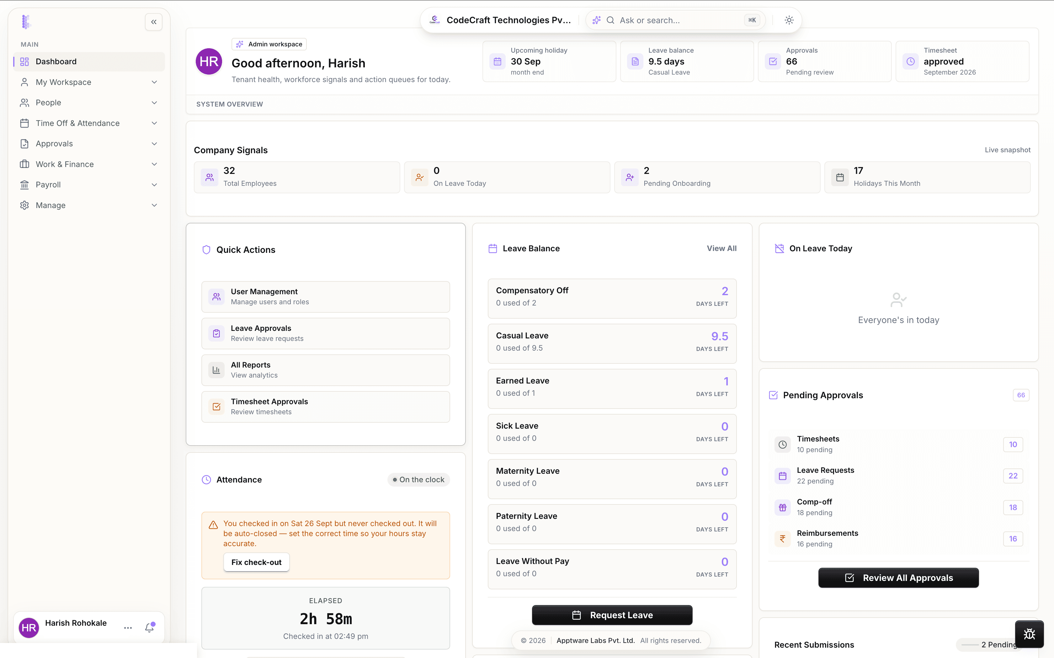 The Benchmark admin dashboard: company signals, leave balances, pending approvals and attendance for the day.